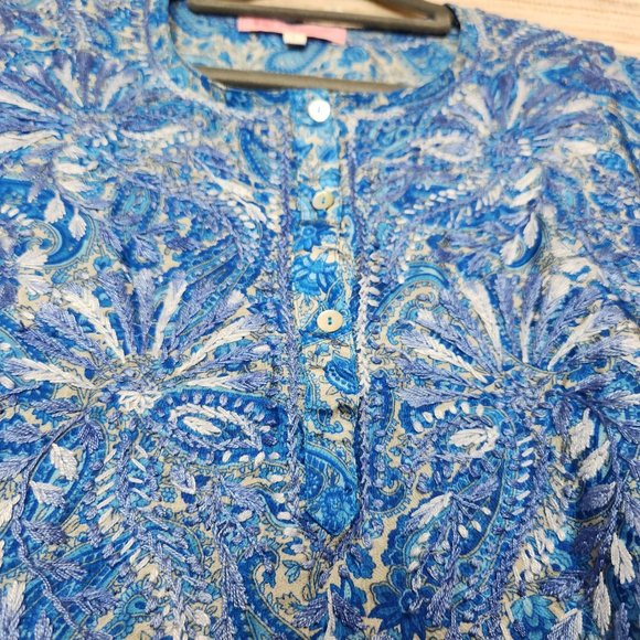 Jest Jewels Women's Size Large Blue Floral Embroidered Quarter Button Silk Blend - Picture 8 of 13